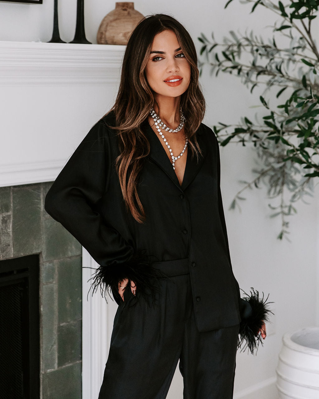 Marilynn Satin Feather Trim Button Down Top - Black