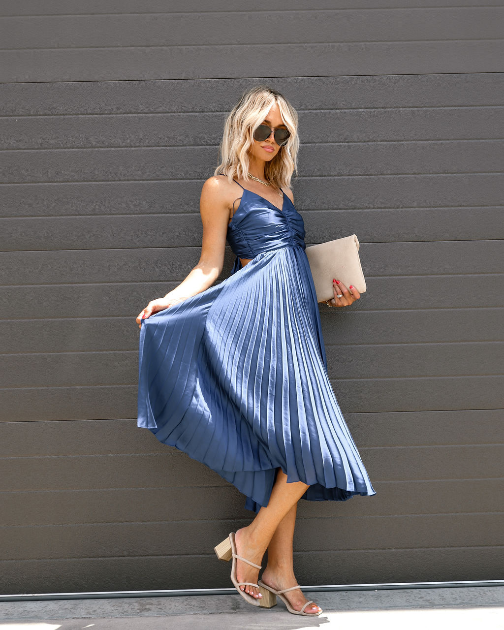 Classic Bombshell Satin Pleated Midi Dress - Midnight Blue