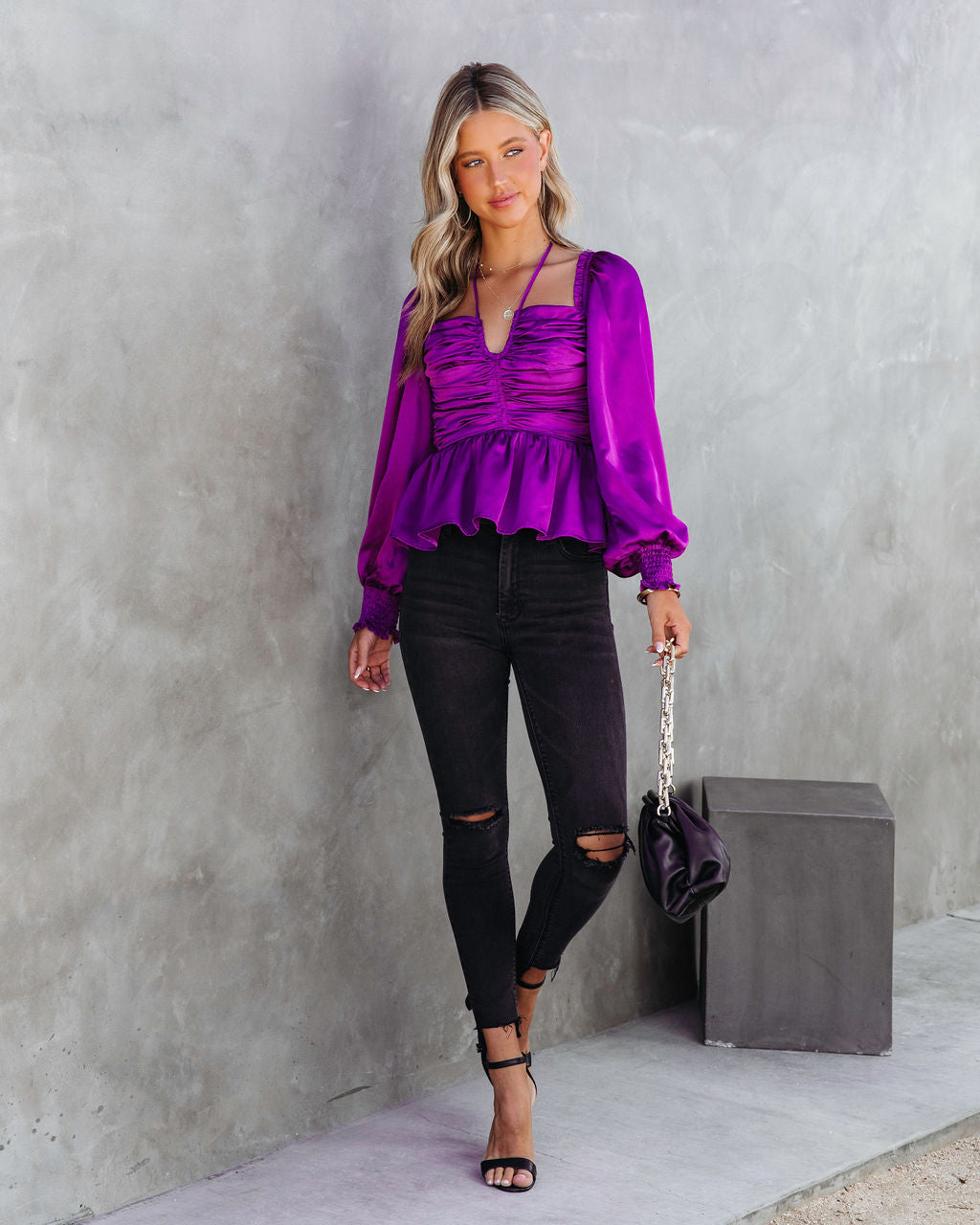 Skylynn Satin Ruched Top - Purple