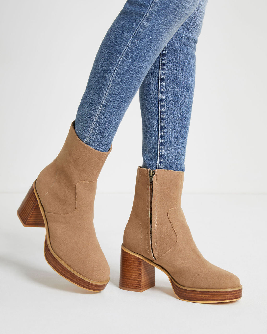 Misha Heeled Faux Suede Platform Bootie - Khaki
