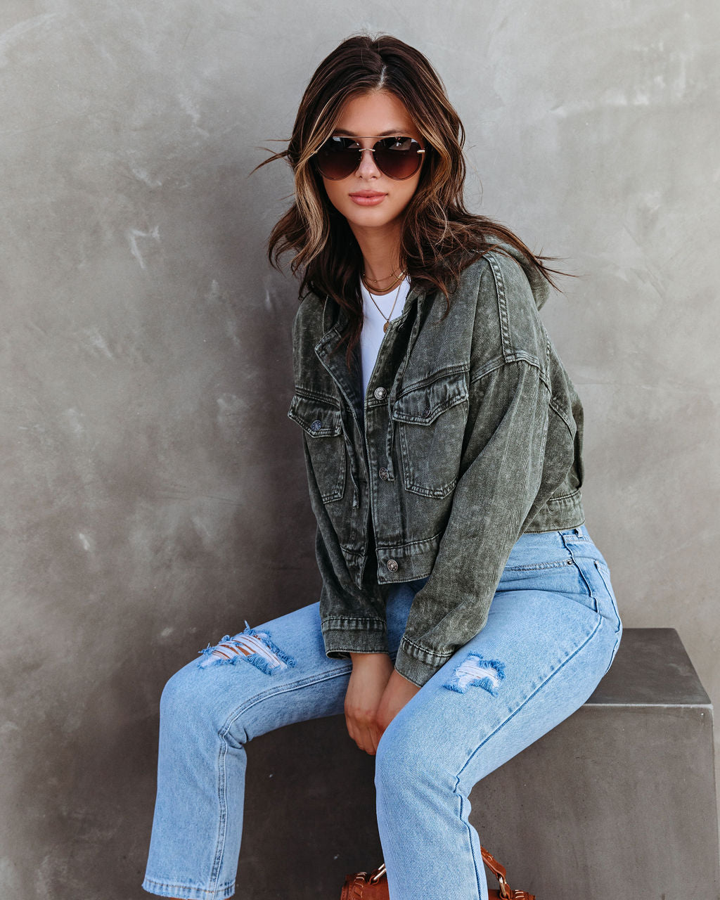 Amelia Cotton Hooded Cropped Jacket - Washed Olive