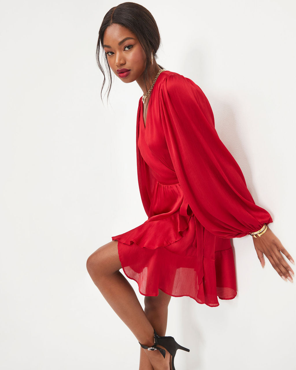 Whitney Satin Wrap Ruffle Mini Dress - Red