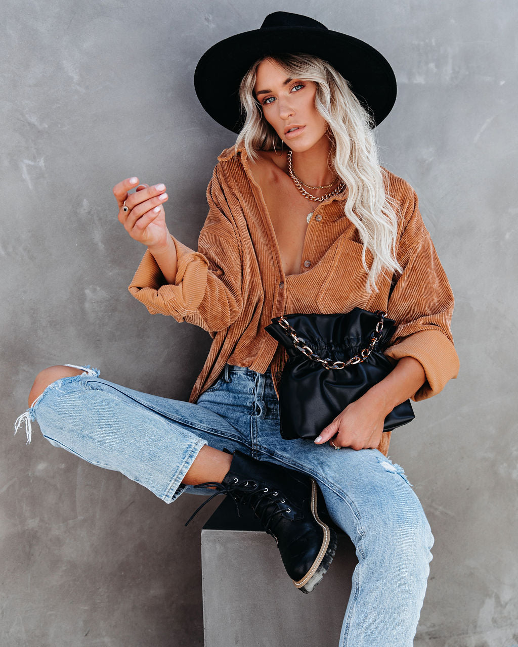 Kamryn Corduroy Button Down Pocket Top - Camel