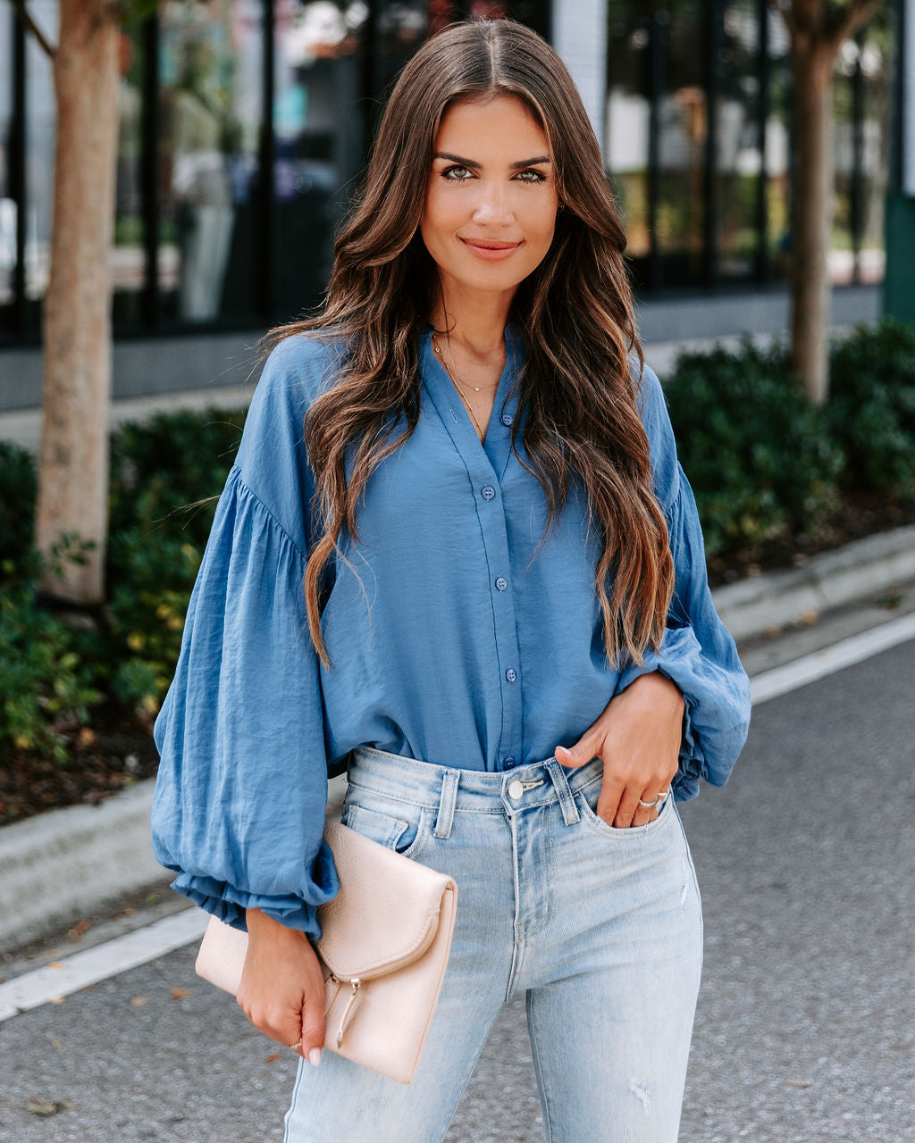 Asher Balloon Sleeve Button Down Top - Blue - SALE
