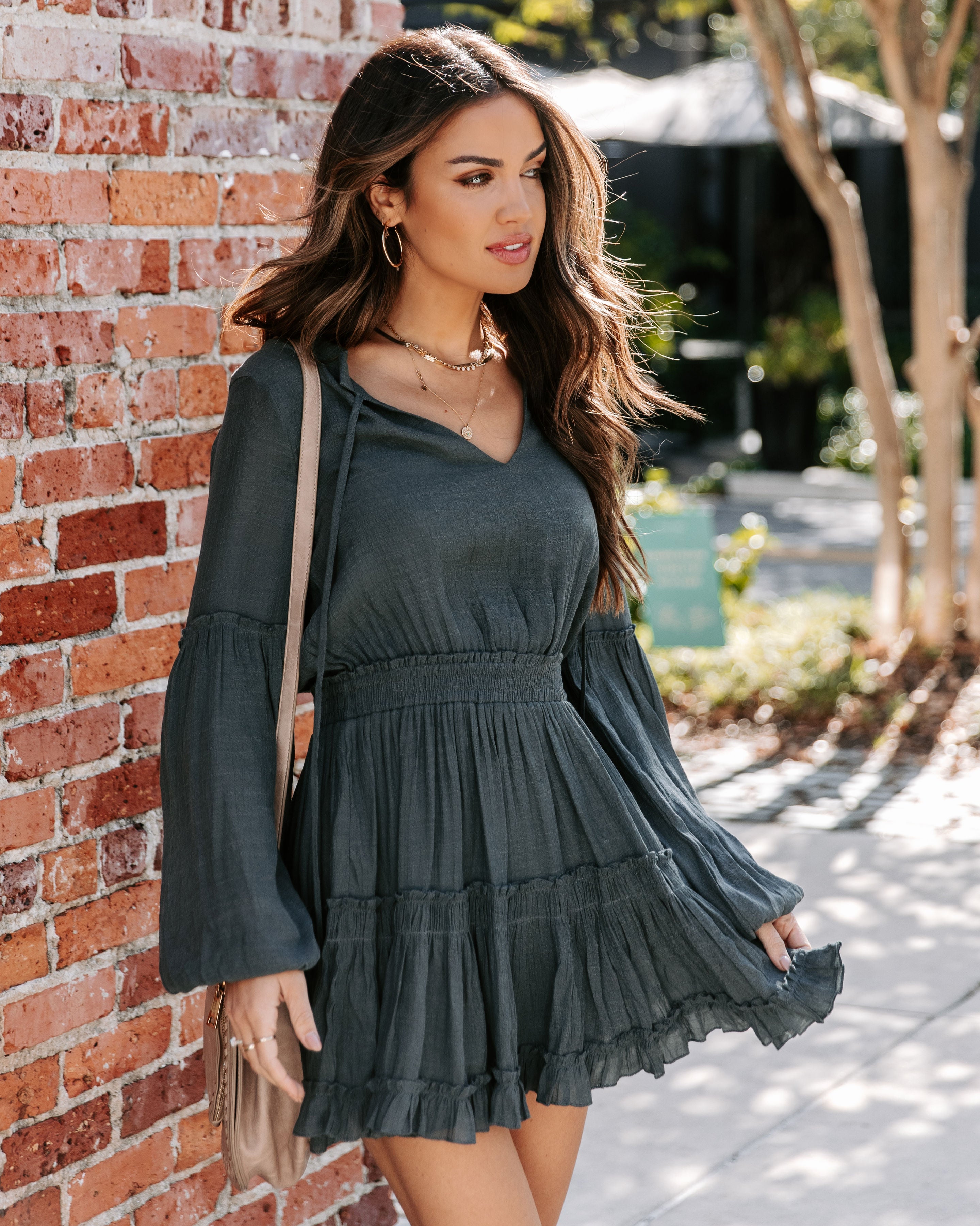 Run Free Babe Tiered Balloon Sleeve Mini Dress - Charcoal