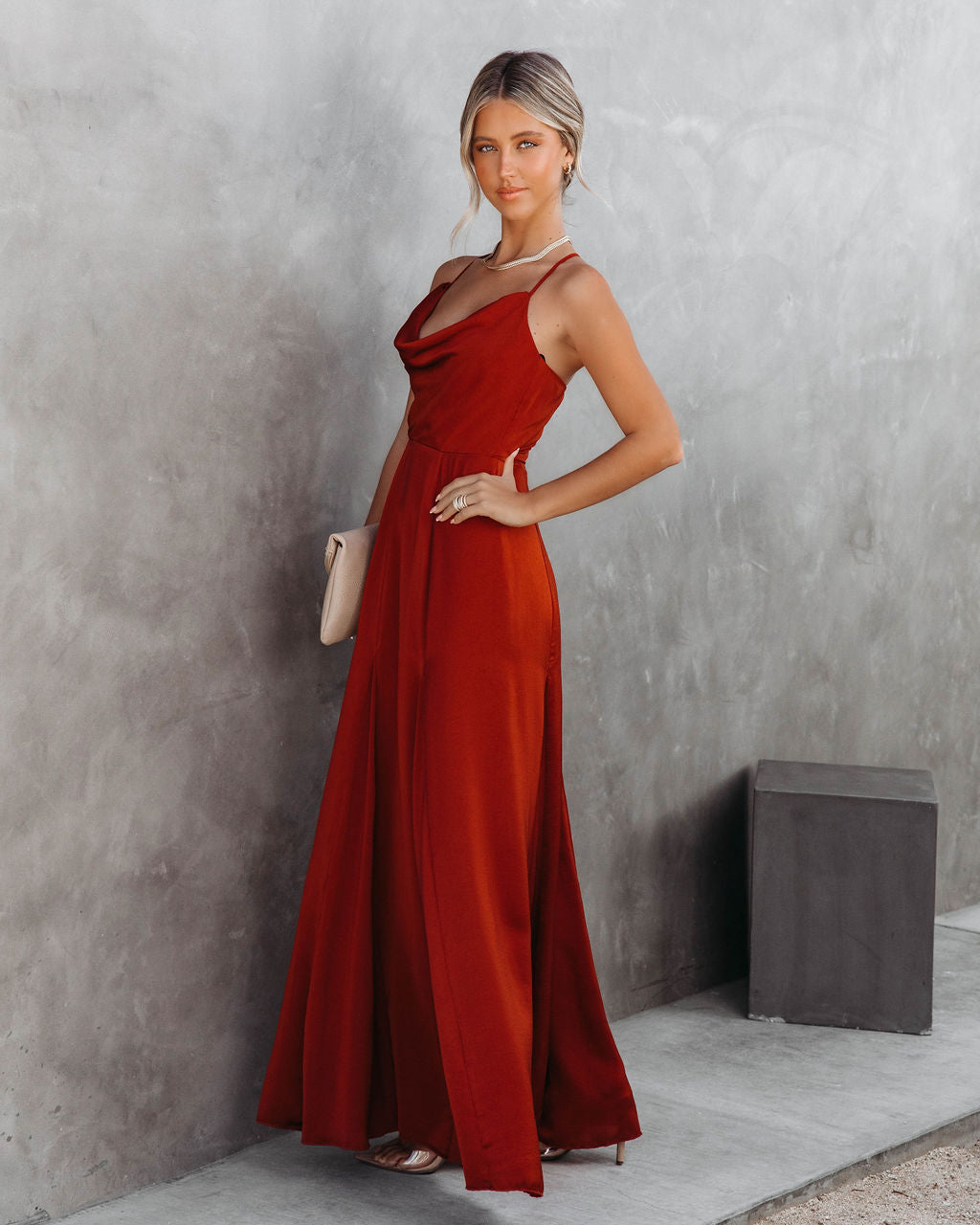 Hey Bella Satin Cowl Neck Maxi Dress - Bronze