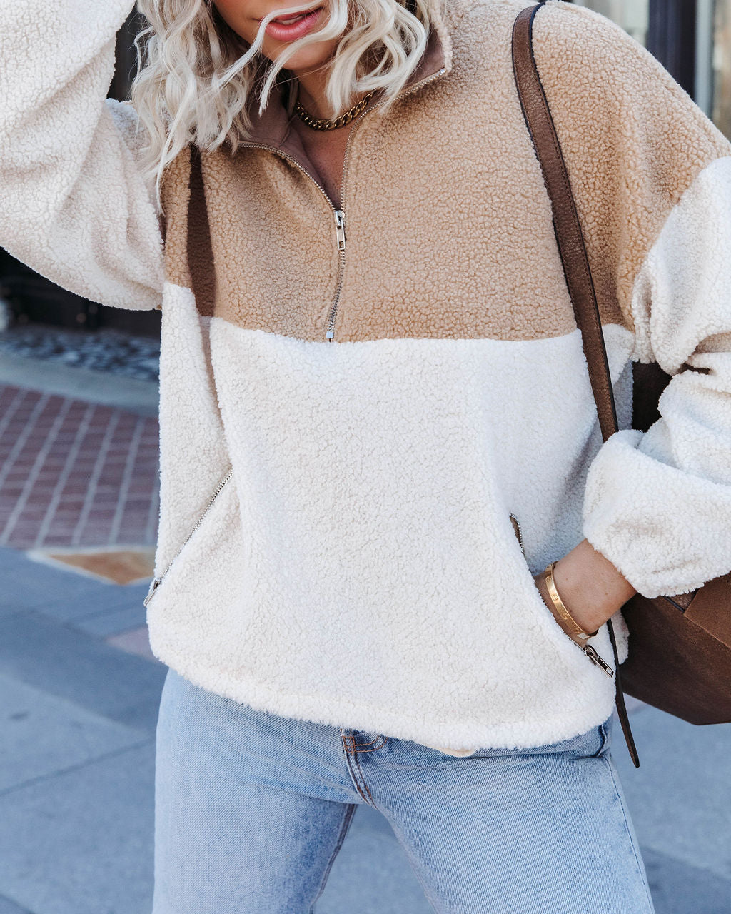 Discovering The World Sherpa Pocketed Half Zip Pullover Sweater - Ivory