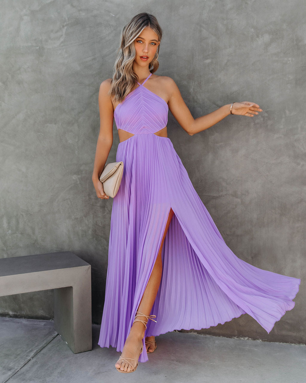 Jasmina Pleated Cutout Side Maxi Dress - Lilac