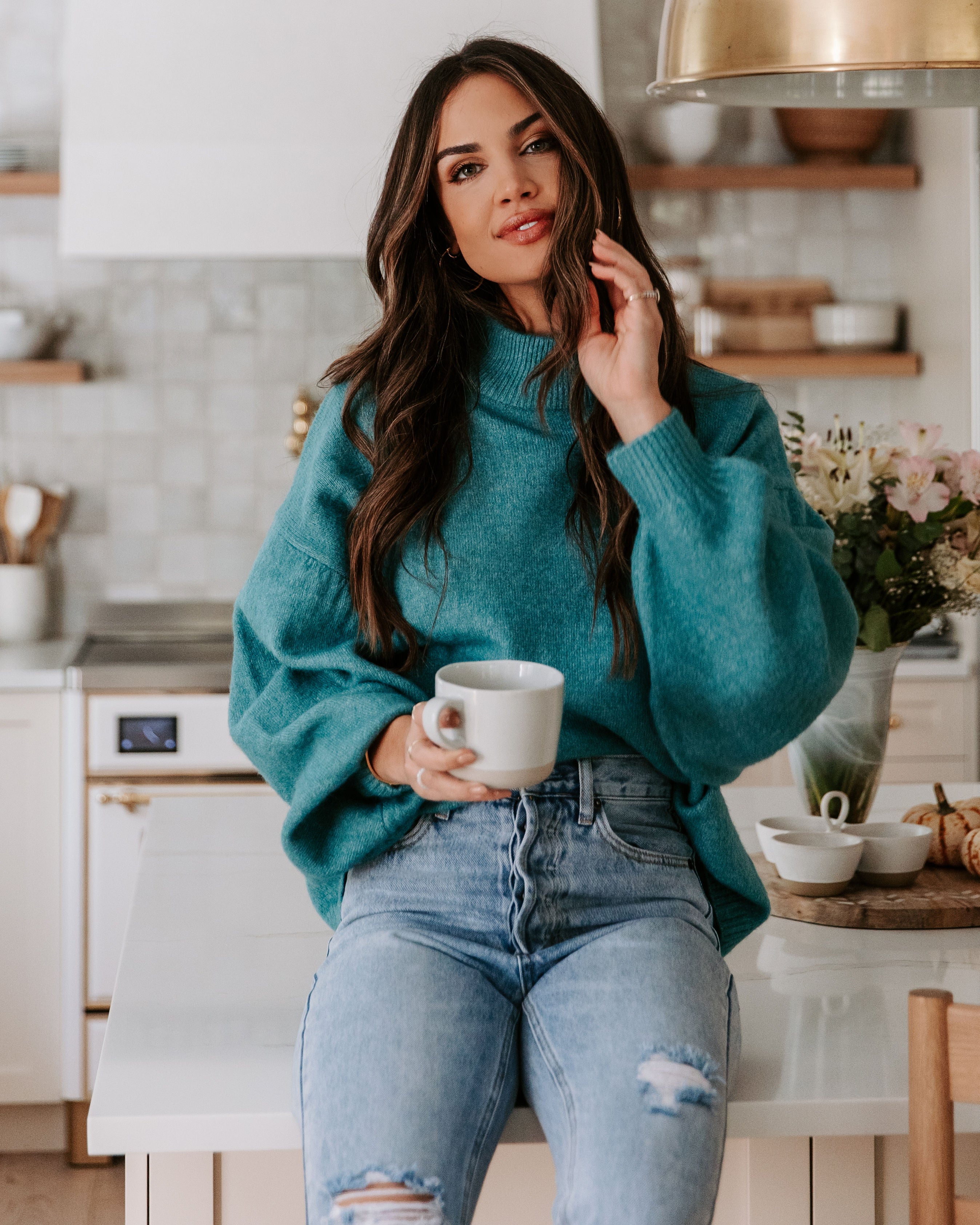 Annika Knit Mock Neck Pullover Sweater - Teal