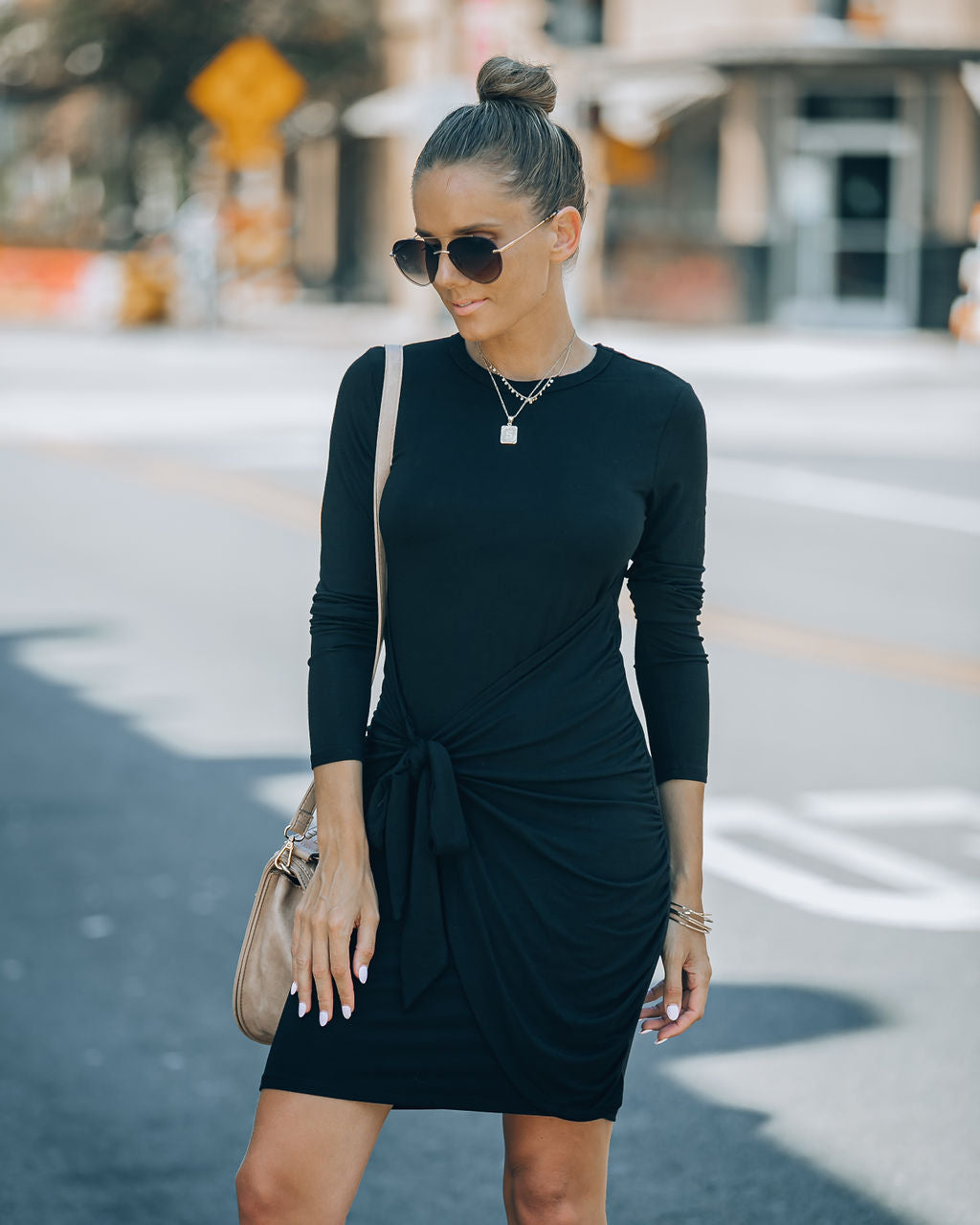 Ayda Drape Front Tie Mini Dress - Black - SALE