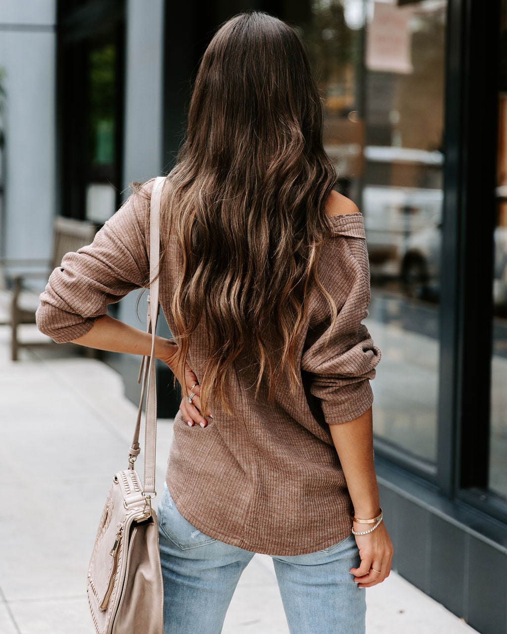 Touch Of Fall Oversized Ribbed Long Sleeve Top - Cocoa