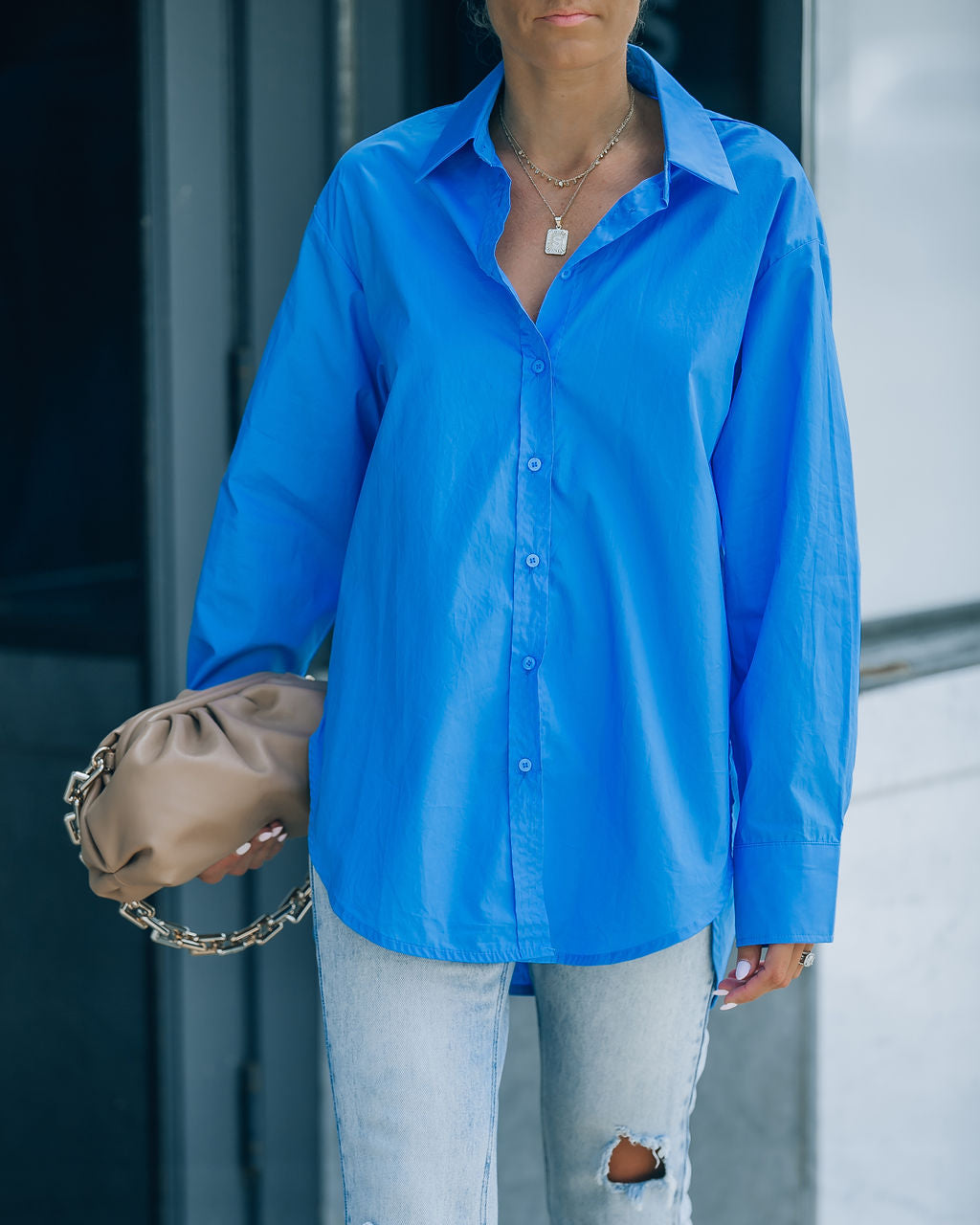 Leslie Button Up Cotton Top - Blue - FINAL SALE