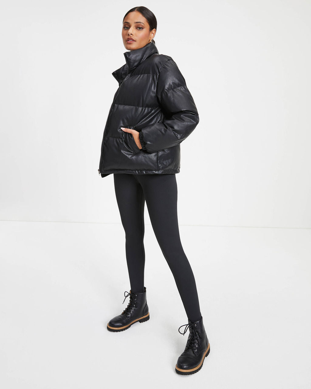 Raza Pocketed Faux Leather Puffer Jacket - Black