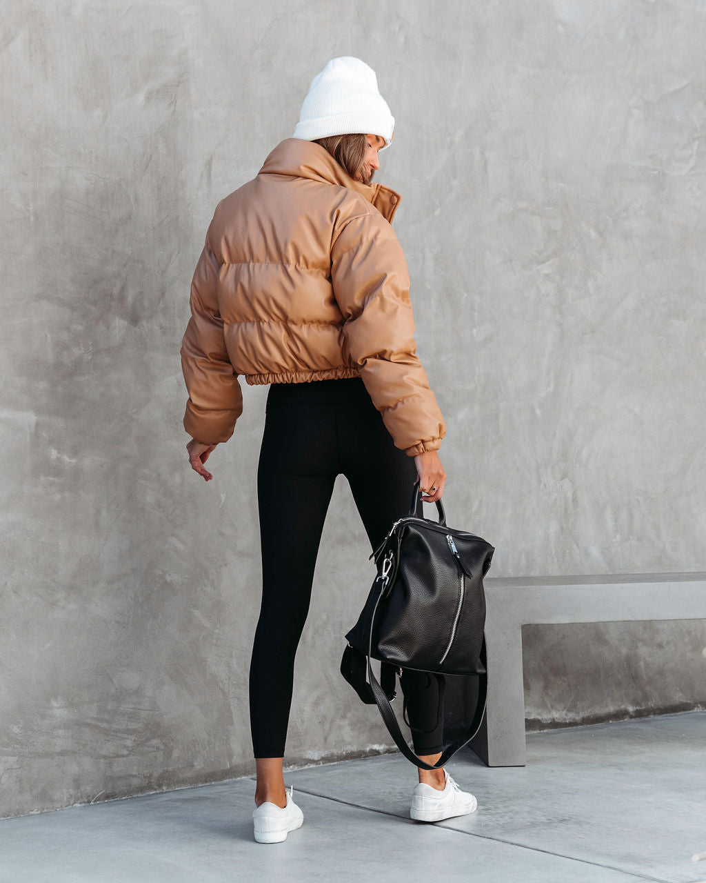 Yorker Faux Leather Pocketed Puff Jacket - Tan