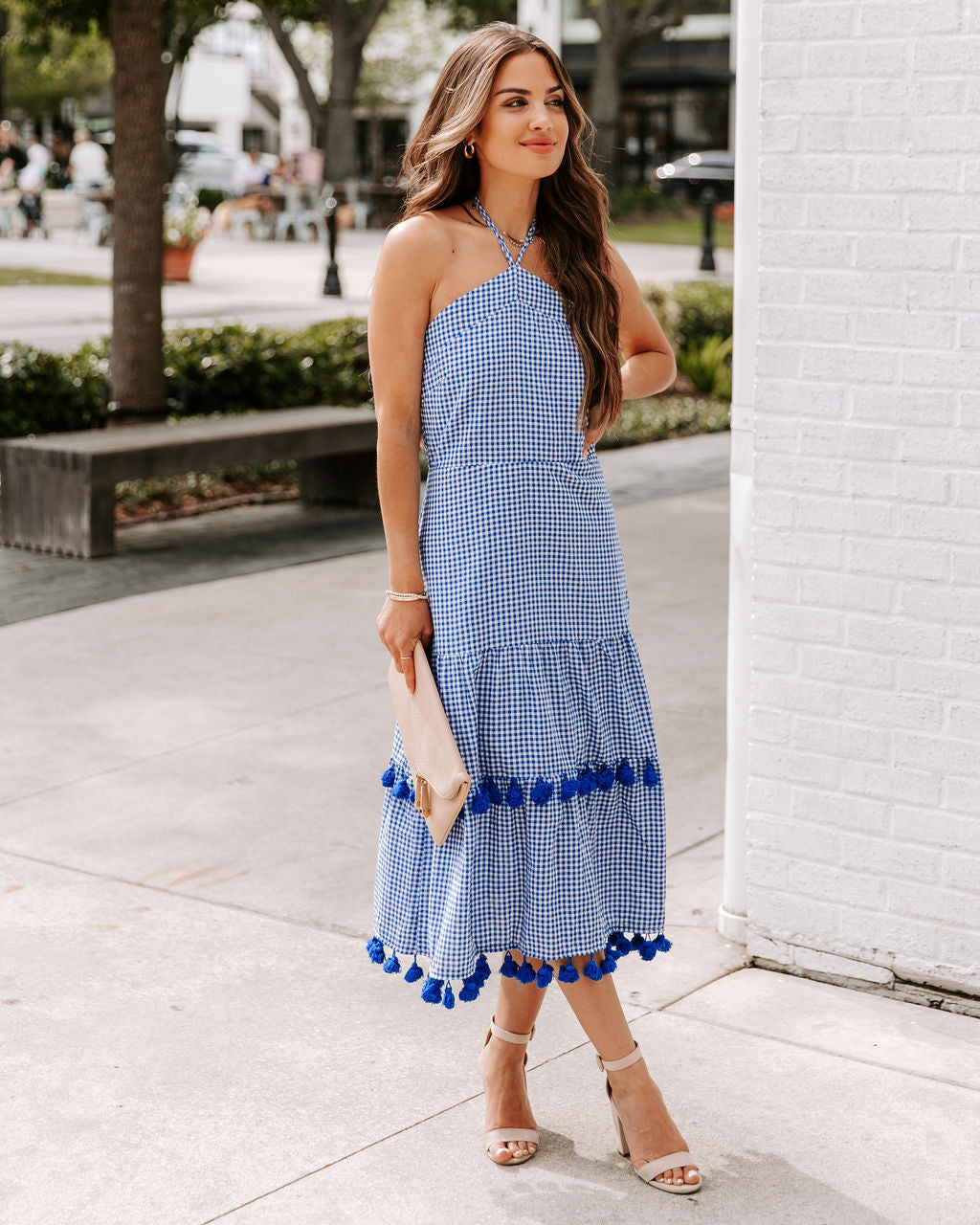 Pom Cotton Gingham Halter Midi Dress - Blue - SALE