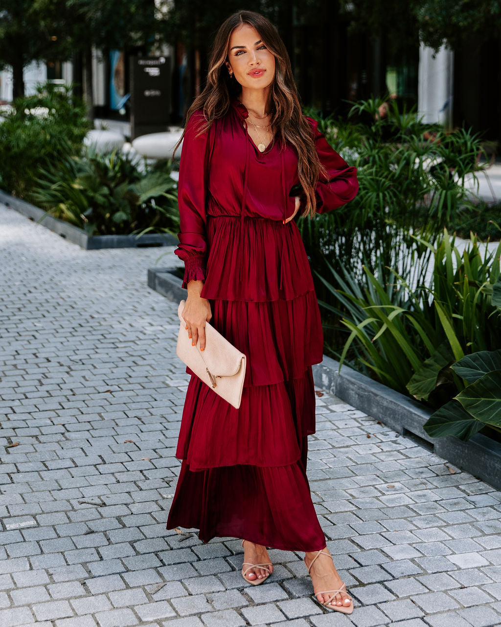 Villain Of My Heart Satin Tiered Maxi Dress - Wine