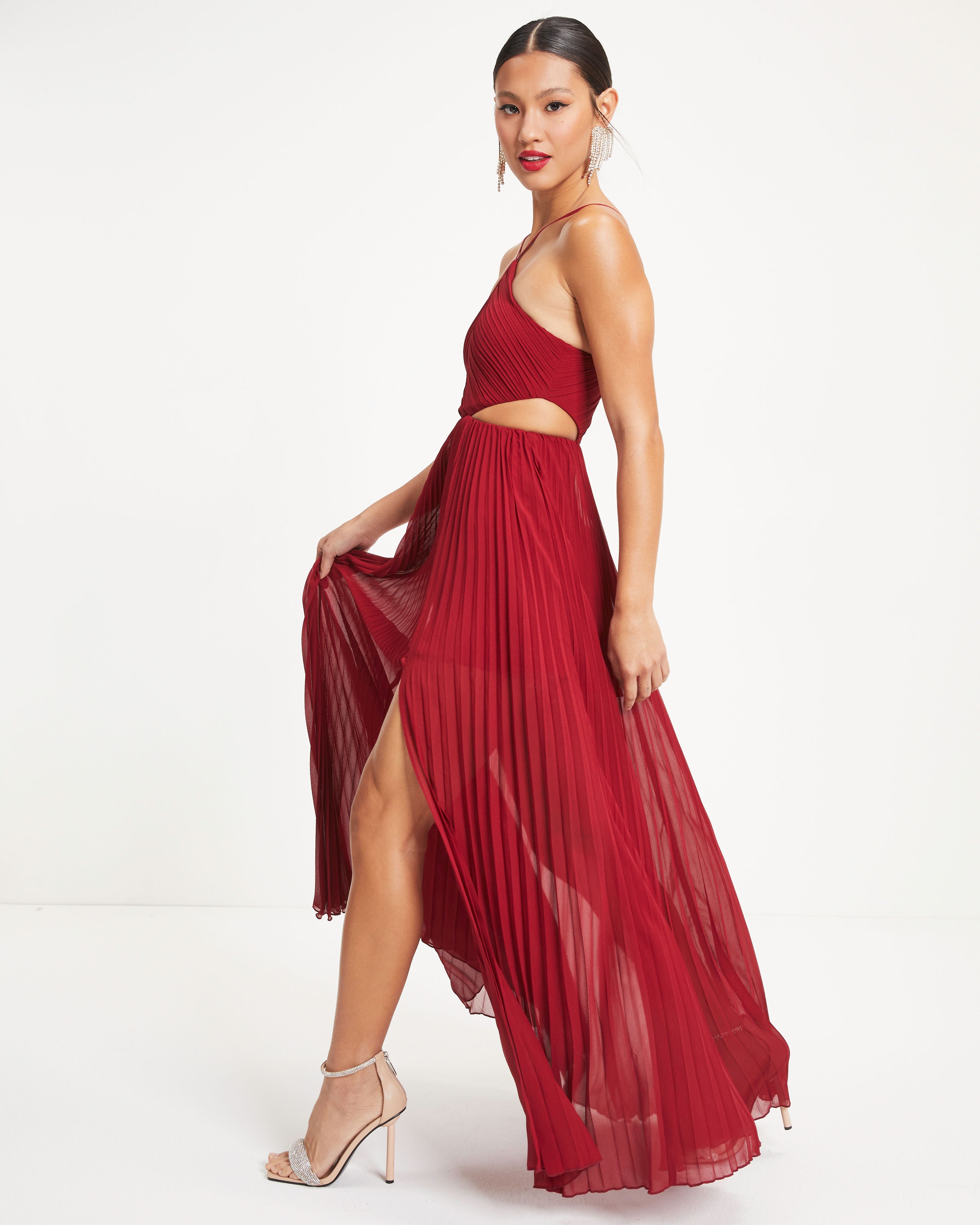 Jasmina Pleated Cutout Side Maxi Dress - Wine