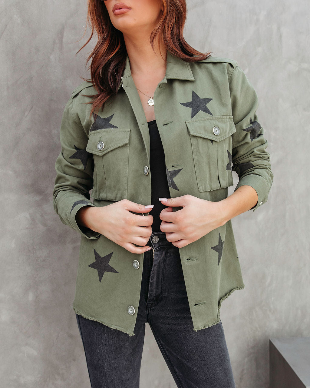 All Aligned Frayed Star Jacket - Olive