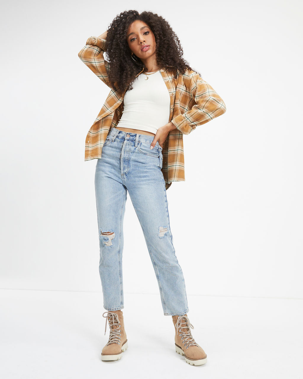 Falls Gold Rush Plaid Button Down Top