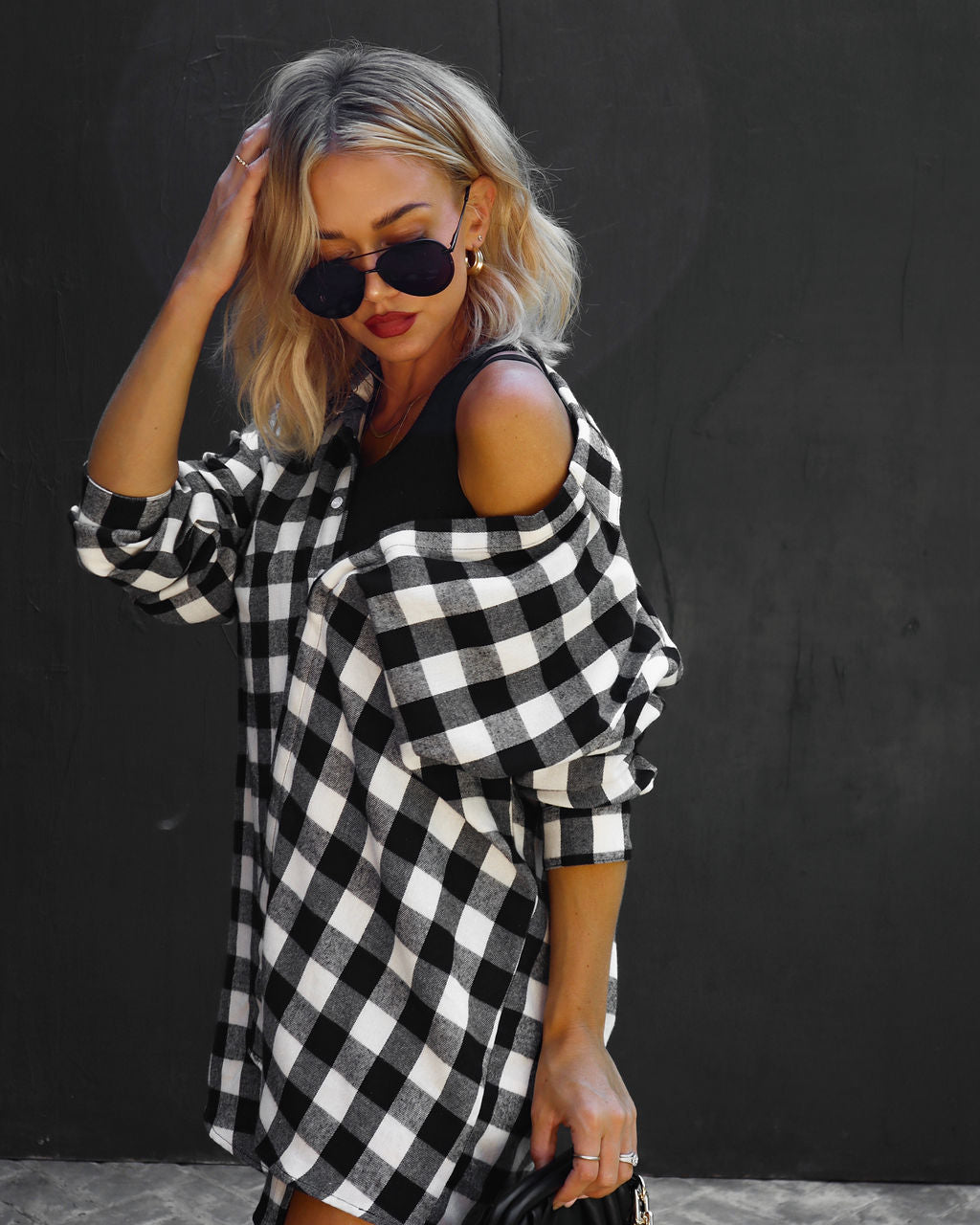 Check Yourself Plaid Off The Shoulder Tunic Dress