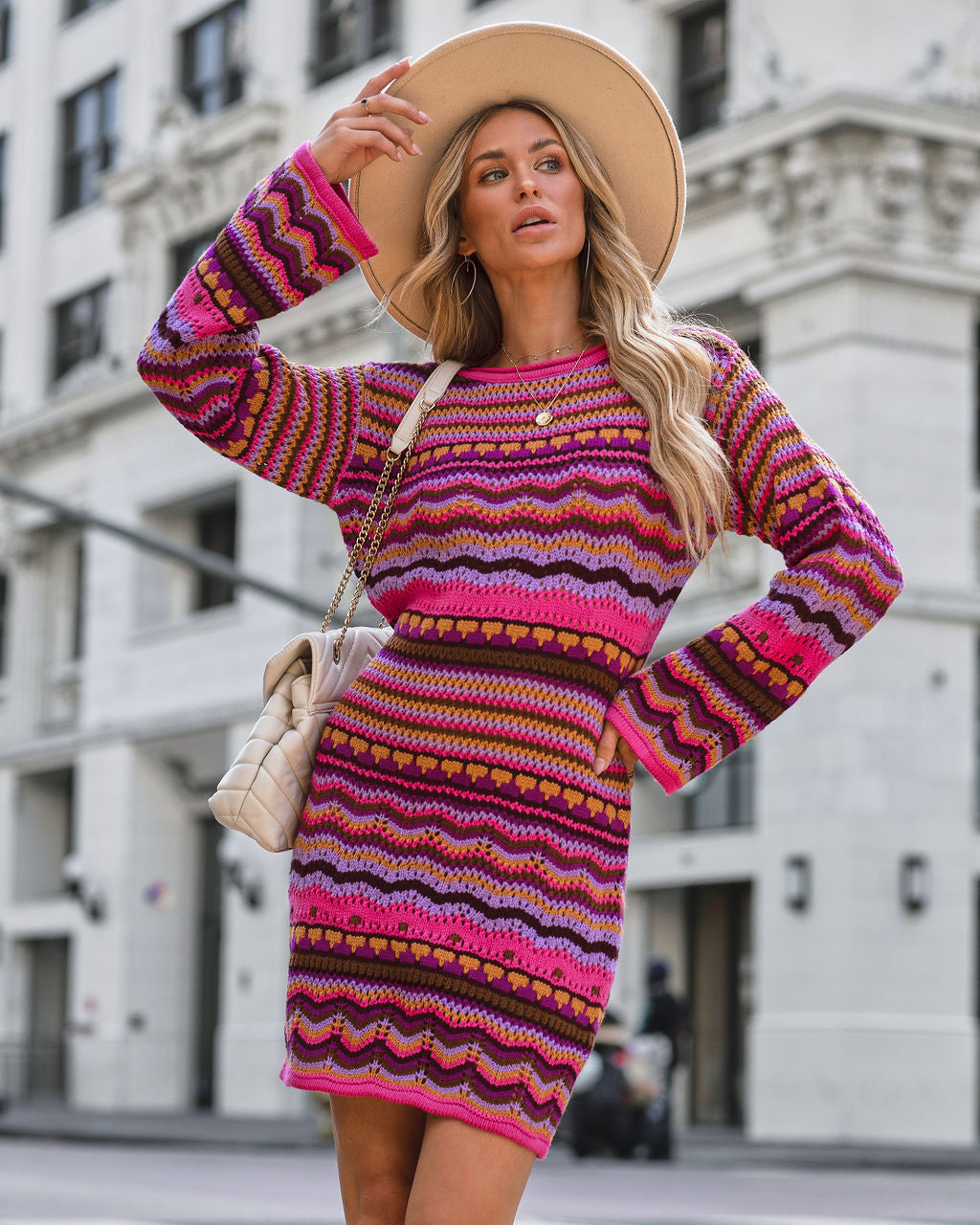 Patricia Mixed Crochet Knit Dress - Fuchsia Multi - FINAL SALE