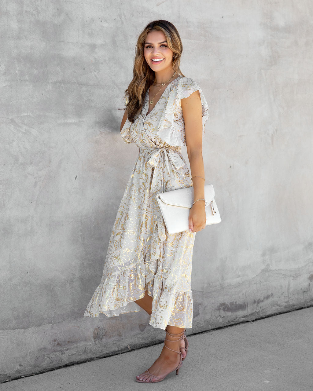 Golden Summer Metallic Ruffle Midi Dress - FINAL SALE