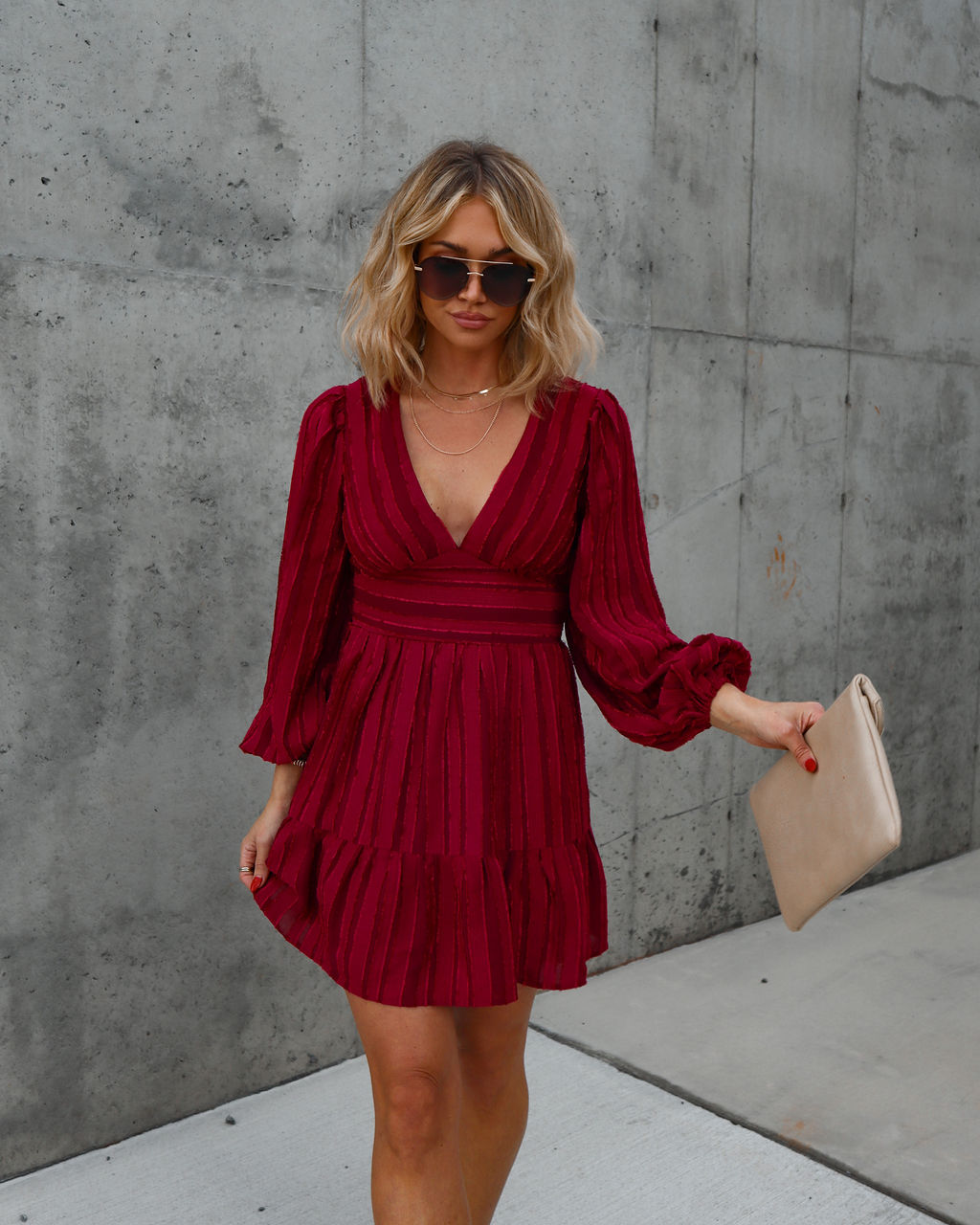 Once Upon A December Textured Mini Dress - Burgundy