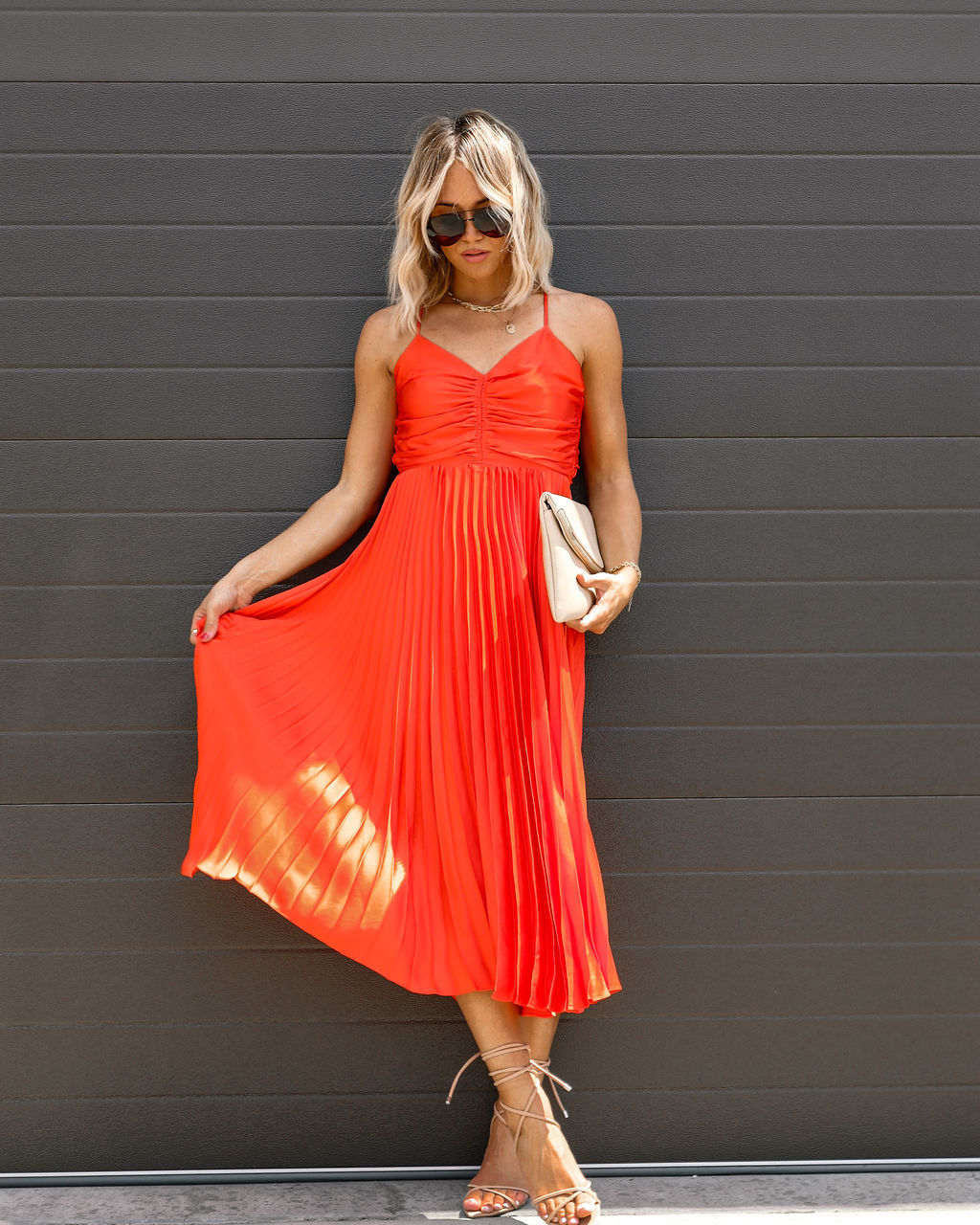 Classic Bombshell Satin Pleated Midi Dress - Orange - FINAL SALE