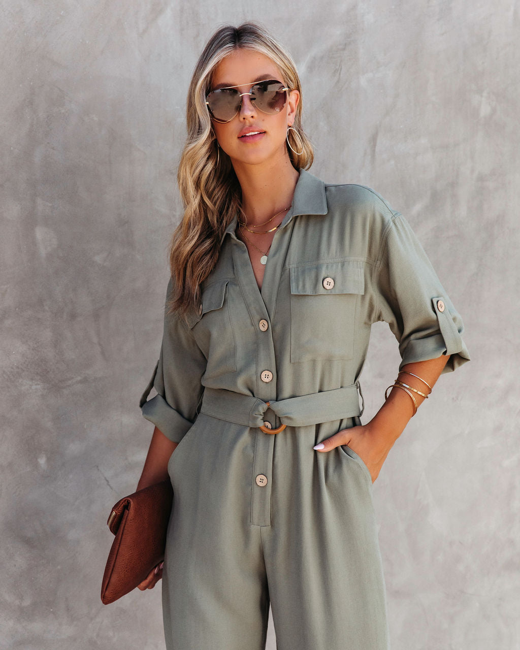 Exploring The Orchards Pocketed Belted Jumpsuit - Olive