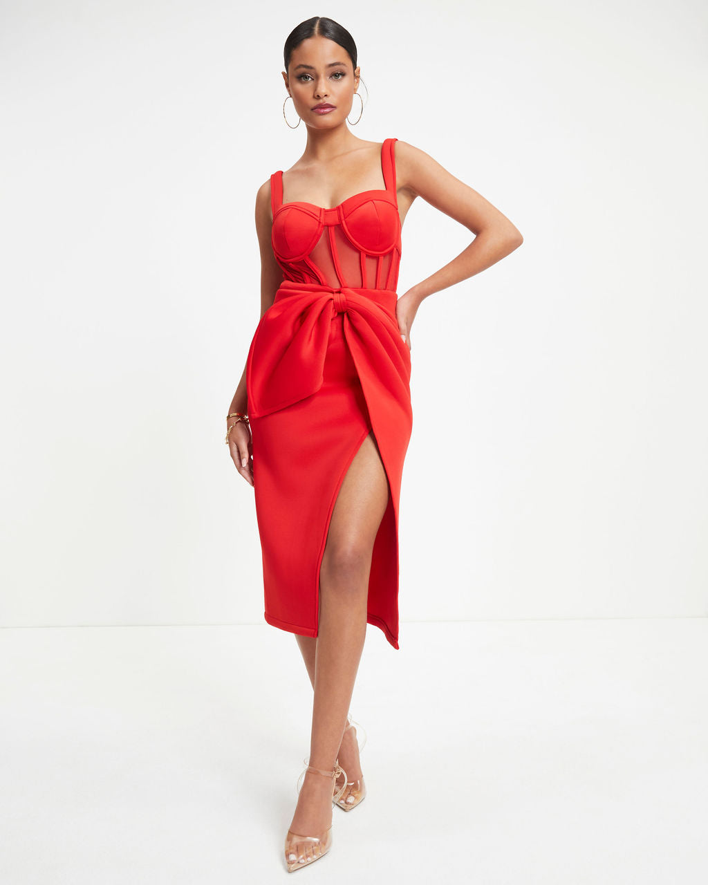 Celestia Sheer Corset Midi Dress - Red