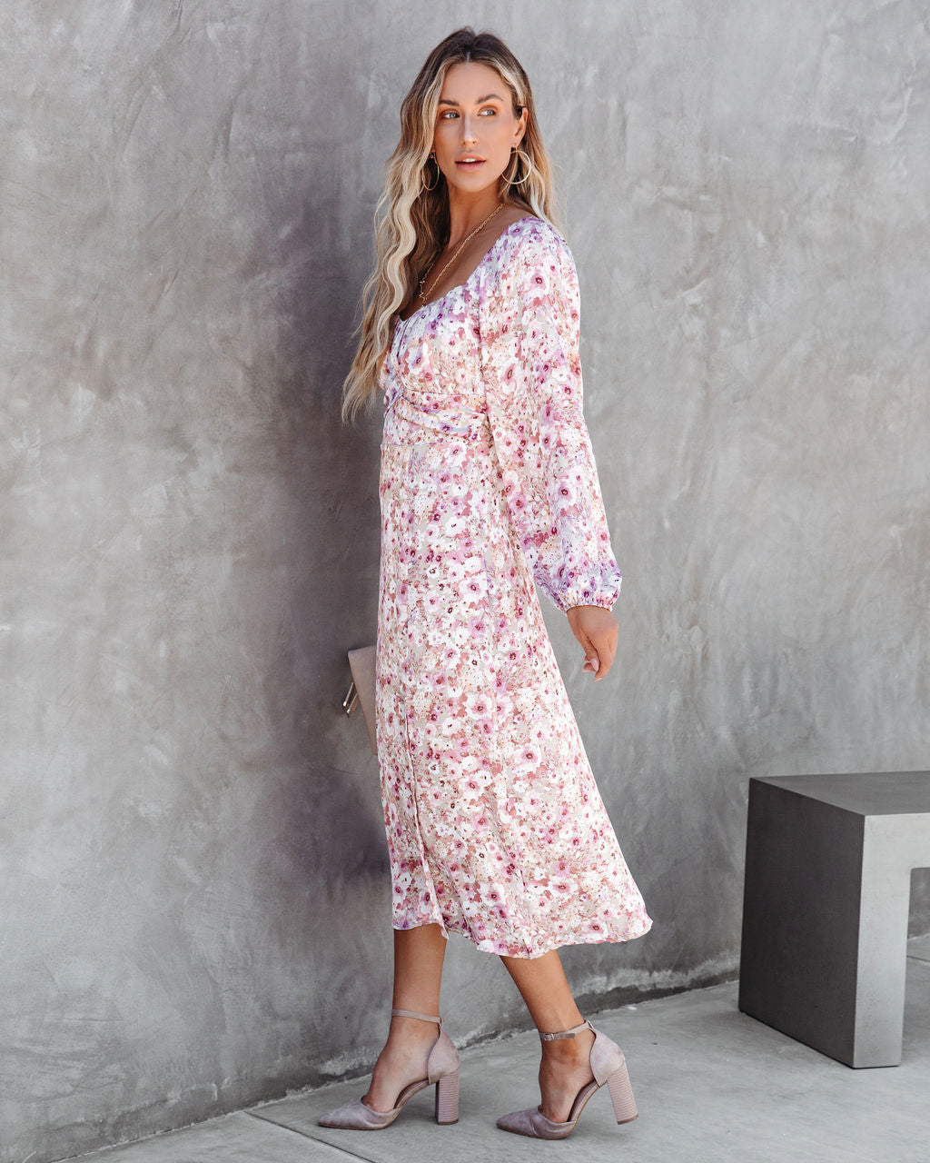 Cherry Blossom Balloon Sleeve Midi Dress