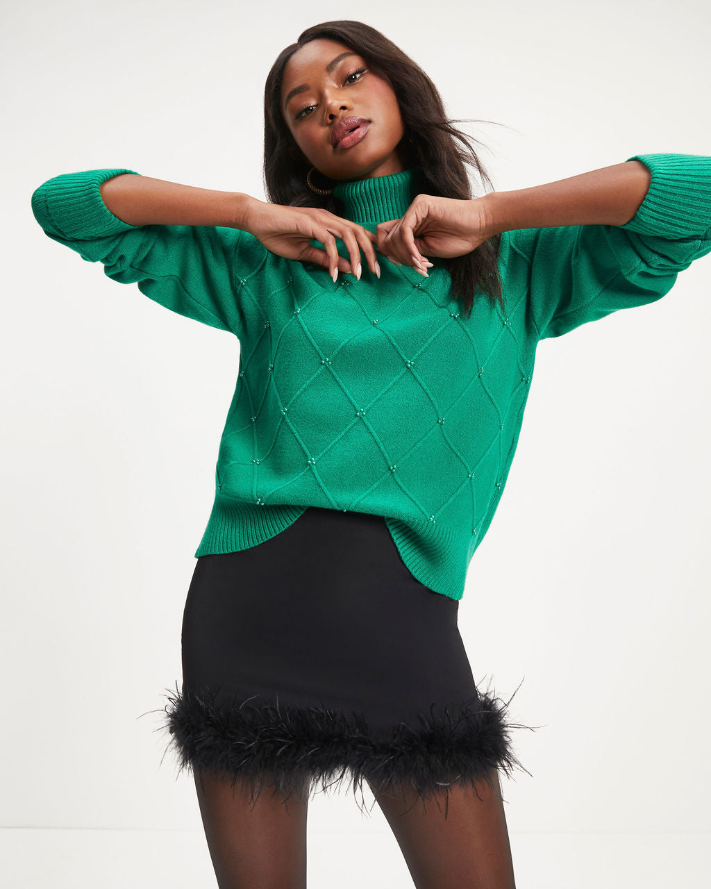 Ruth Knit Turtleneck Pearl Embellished Pullover Sweater - Emerald