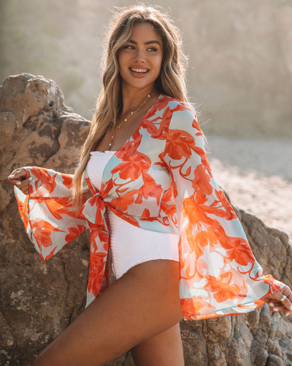 Yael Floral Bell Sleeve Tie Top - Aqua Coral - SALE