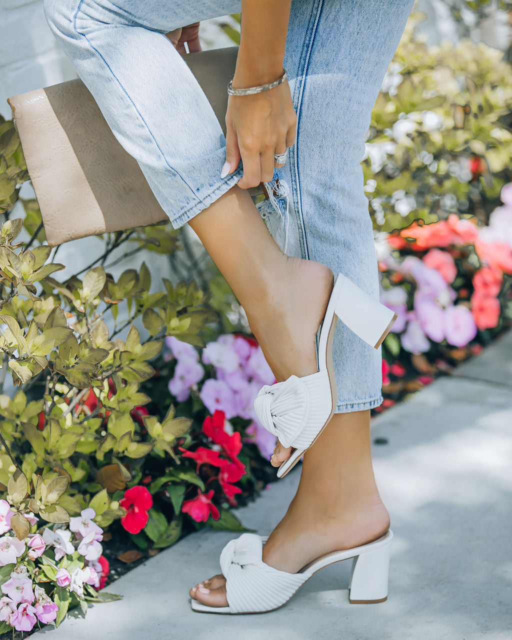 Colette Pleated Faux Leather Block Heel-White - FINAL SALE