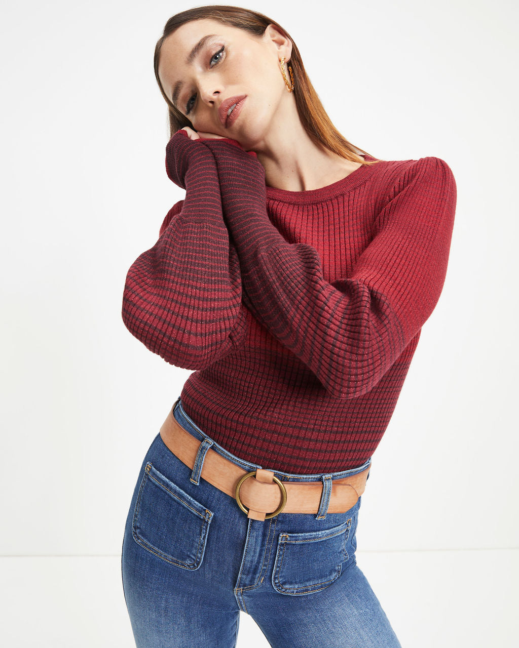 Fall Sunsets Ribbed Balloon Sleeve Pullover Sweater - Wine - FINAL SALE