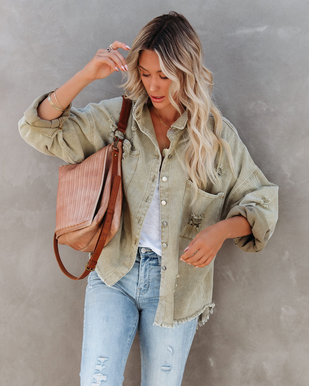 Thinking Out Loud Cotton Distressed Denim Jacket - Sage