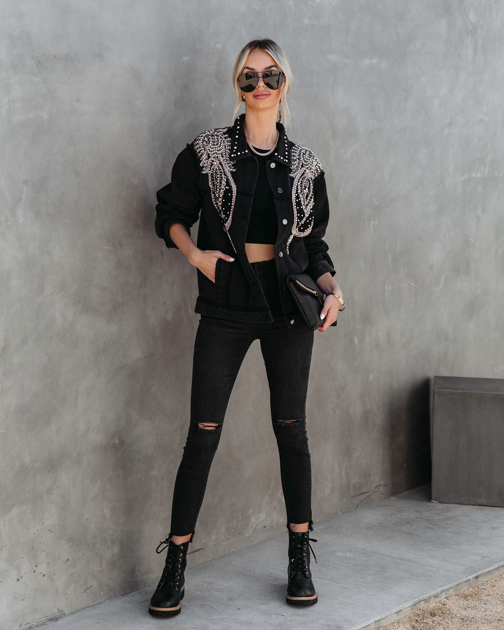 PREORDER - Glam Rodeo Pocketed Studded Embroidered Jacket - Black