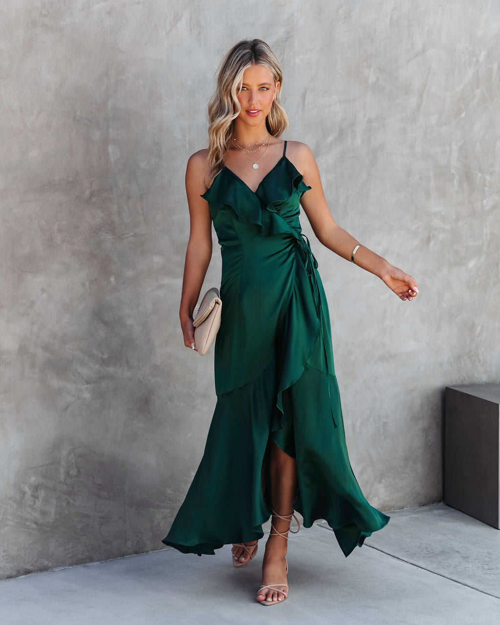 Undeniable Love Satin Ruffle Maxi Dress - Dark Emerald