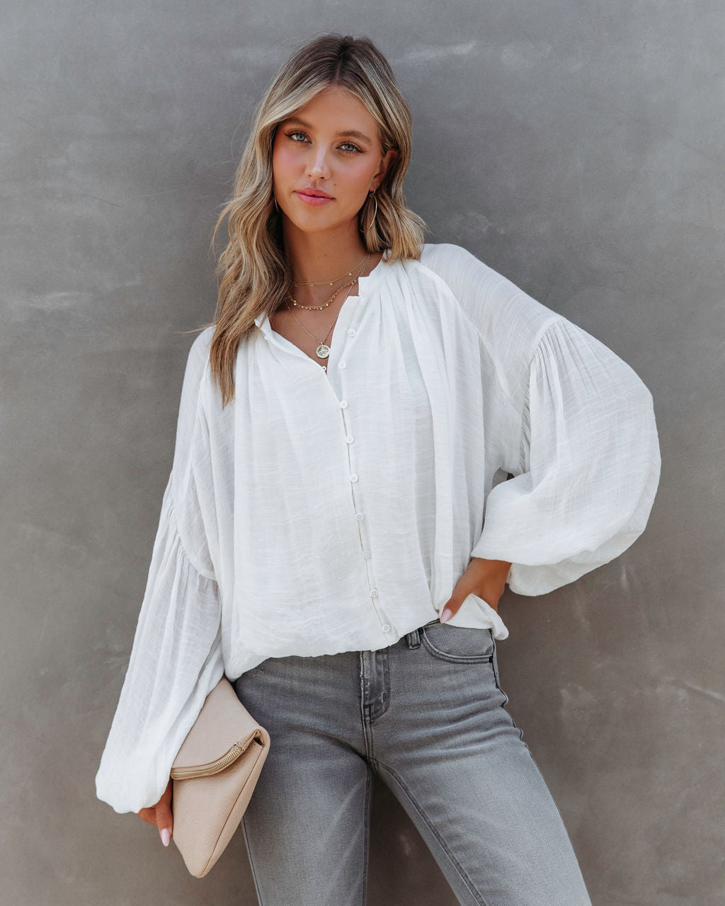 Bodhi Balloon Sleeve Button Up Top - White