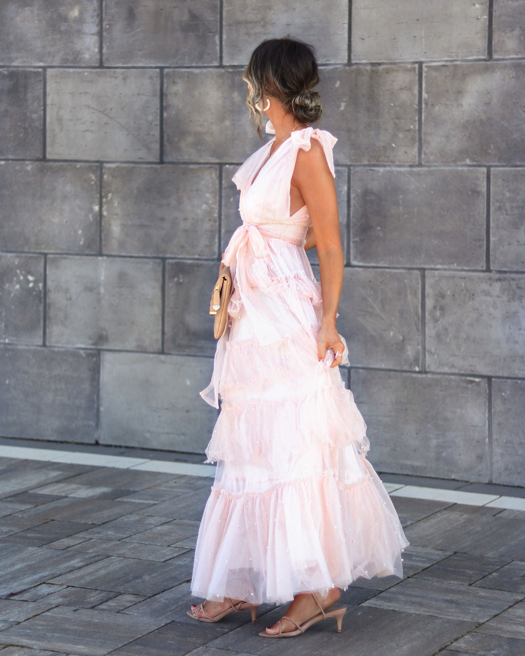 Under The Eiffel Tower Tulle Pearl Tiered Maxi Dress - Blush