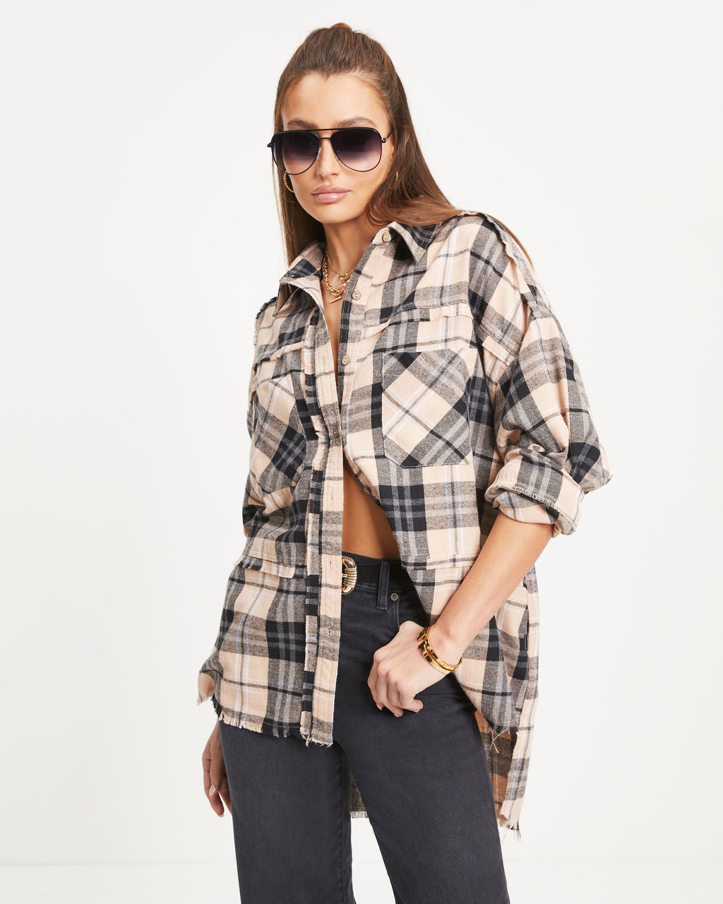 Roberta Plaid Pocketed Oversized Button Down Top
