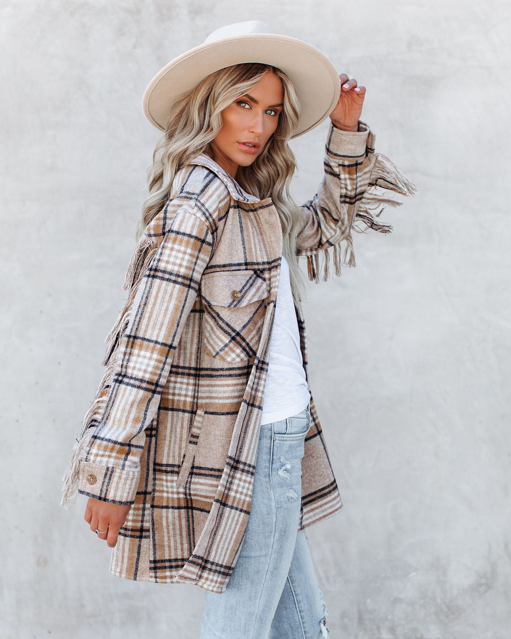 Give Thanks Pocketed Fringe Plaid Coat