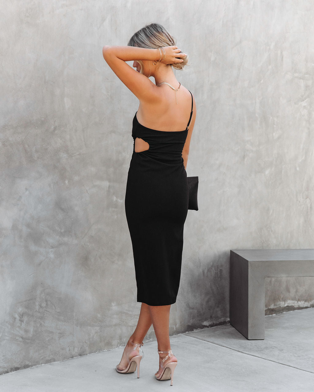 Living On The Edge One Shoulder Cutout Midi Dress - Black