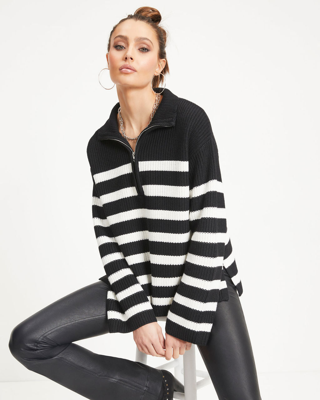 Nyla Striped Knit Half Zip Pullover Sweater - Black/Ivory