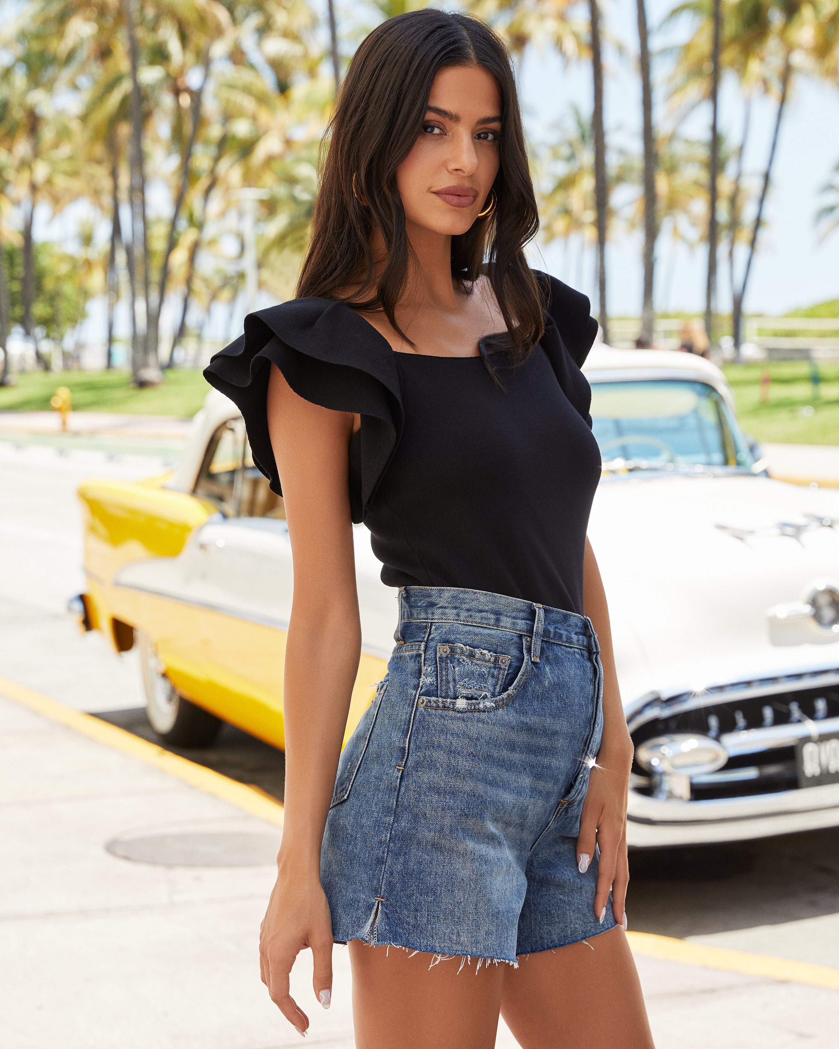 Summer Sweetheart Ruffle Knit Crop Top - Black - FINAL SALE
