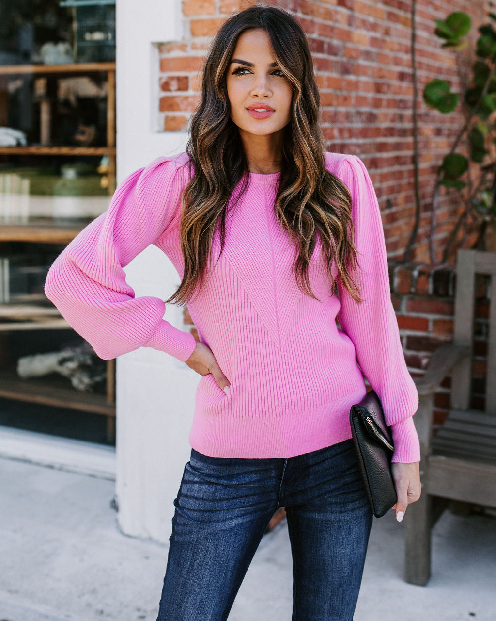 Bubble Over Ribbed Knit Sweater - Pink