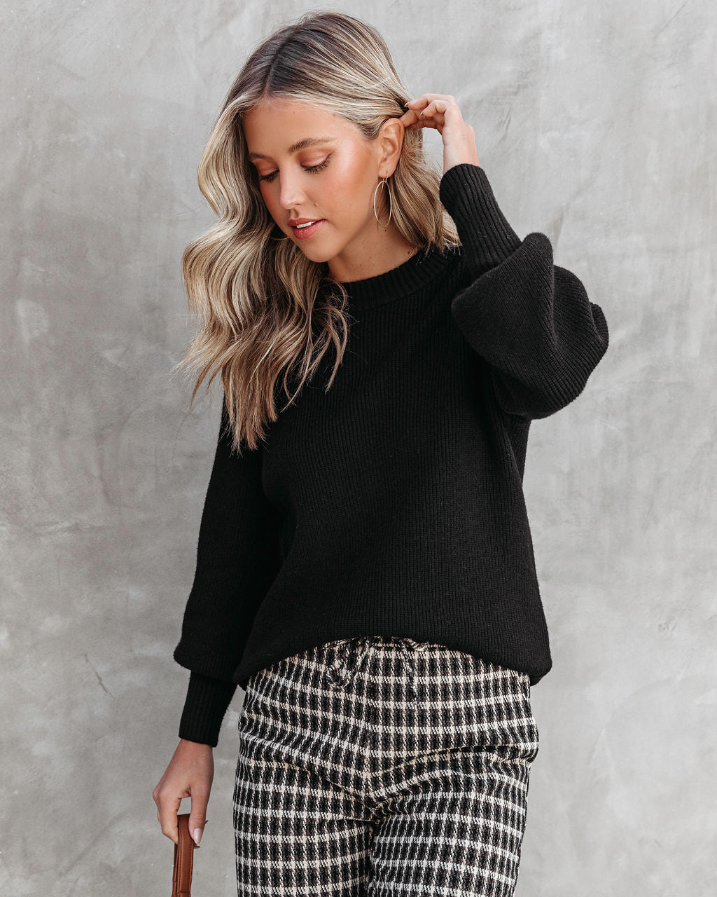 Baby It's You Knit Balloon Sleeve Pullover Sweater - Black