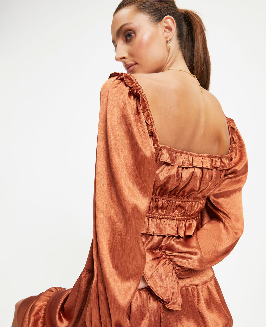 Thousand Words Satin Tiered Ruffle Midi Dress - Rust