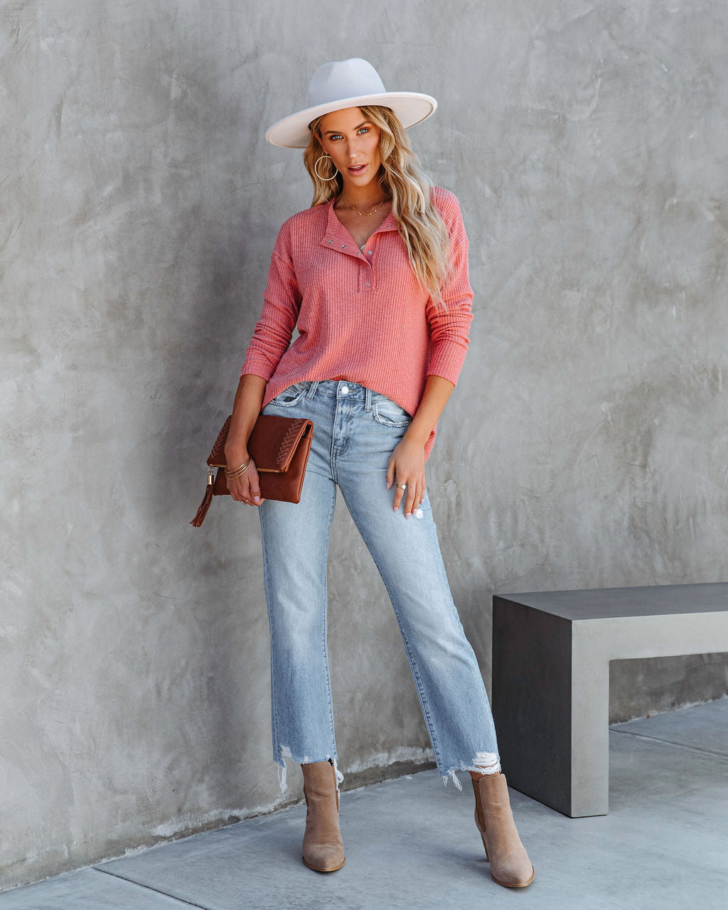 Andria Soft Ribbed Henley Top - Clay