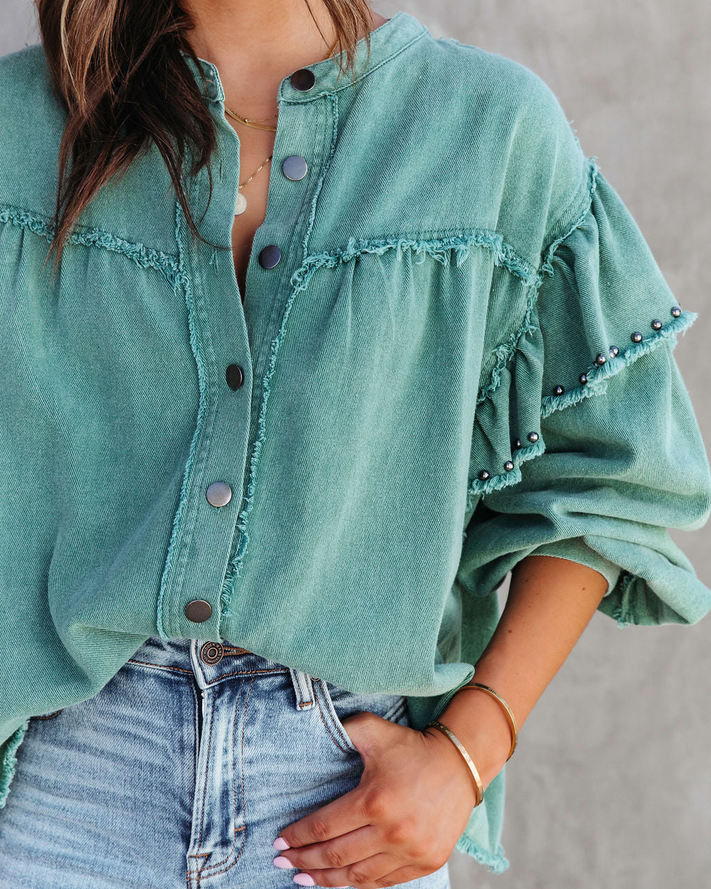 Darcey Denim Studded Frayed Lightweight Jacket - Jade Green - SALE